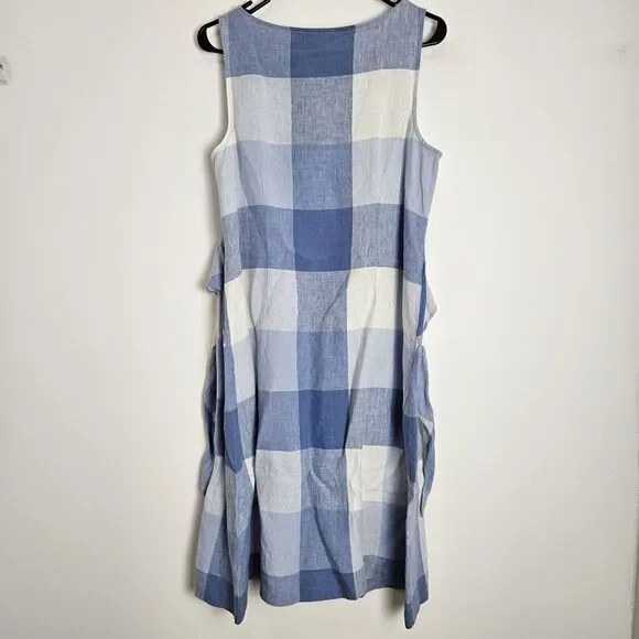 J Jill Love Linen Dress Womens PETITE Size S Check Plaid Blue White Tie Front - Picture 3 of 9